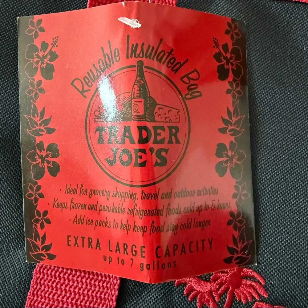 Trader Joes Insulated Reusable Shopping Tote Bag Zip Top Black Red Embroidered - Picture 8 of 9